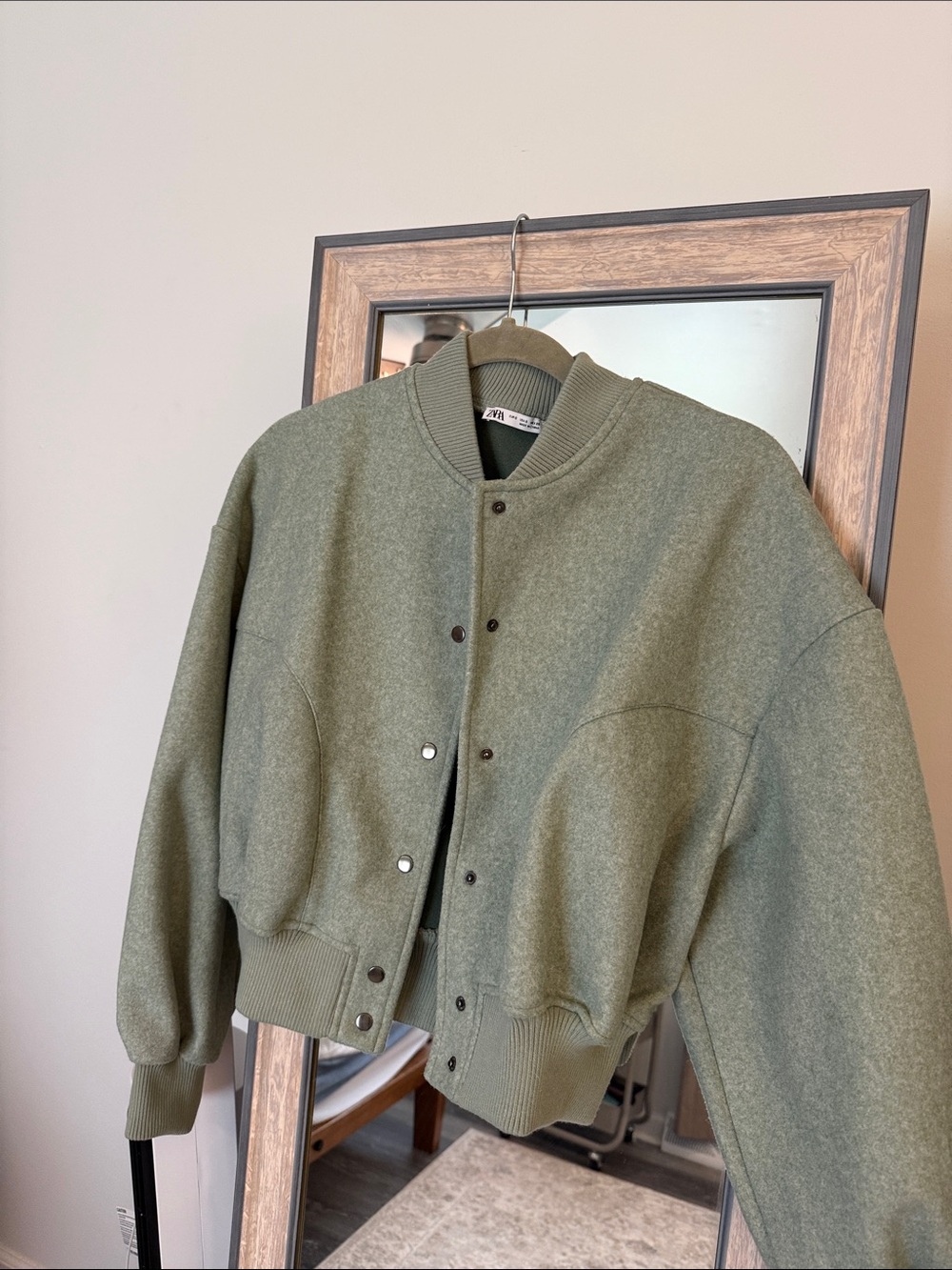 Zara Light Olive Green Cropped Bomber Jacket